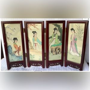Vntg Oriental Miniature 4 Panel Folding Screen Wood Glass Women Floral